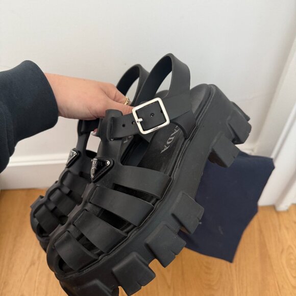 Prada Monolith Platform Sandals Black Strappy Cage Vamp Foam Rubber Sz 38 - Picture 7 of 11